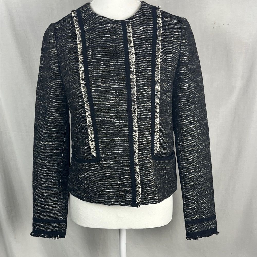 Vince. Black and White Tweed Fringe Lightweight Jacket